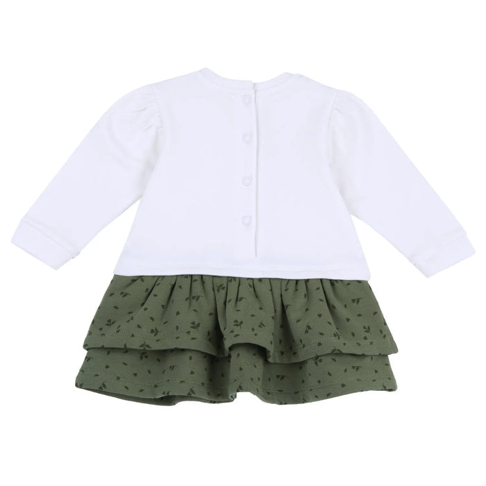 Girls White & Green Printed Long Sleeve Dress