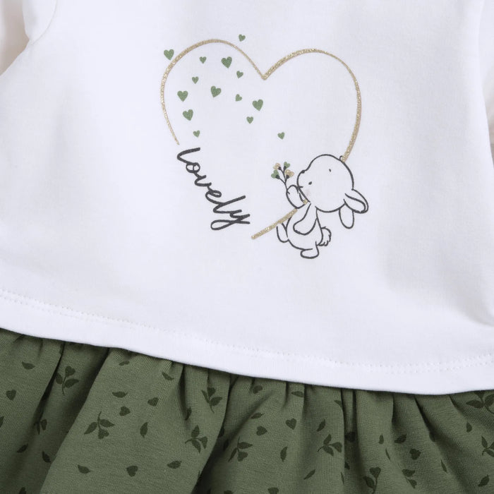 Girls White & Green Printed Long Sleeve Dress