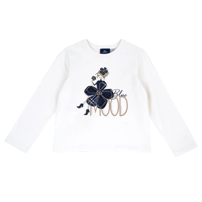 Girls White & Navy Printed Long Sleeve T-shirt