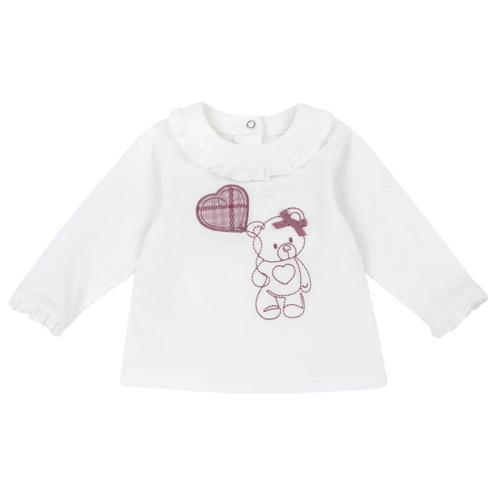 Girls White & Pink Embroidered Long Sleeve Top