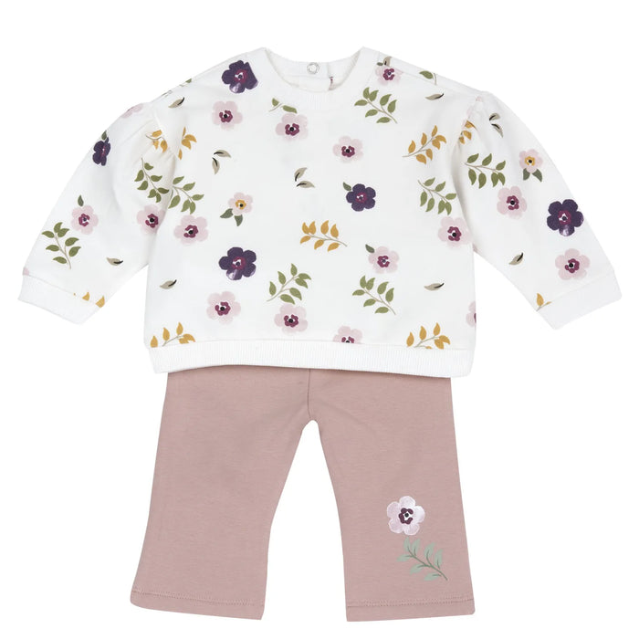 Girls White & Pink Floral Printed Sweatshirt with Long Trouser
