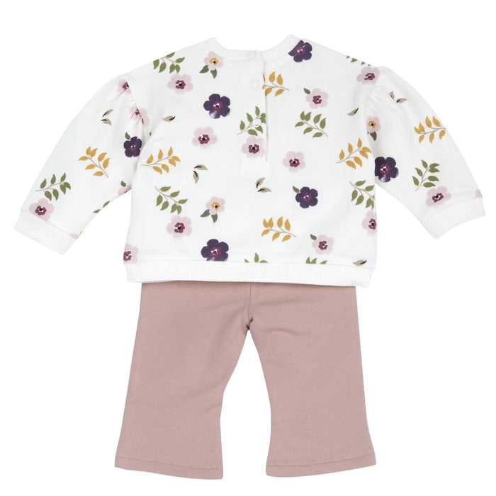 Girls White & Pink Floral Printed Sweatshirt with Long Trouser