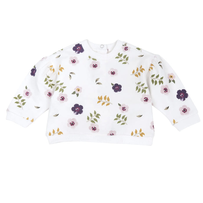Girls White & Pink Floral Printed Sweatshirt with Long Trouser