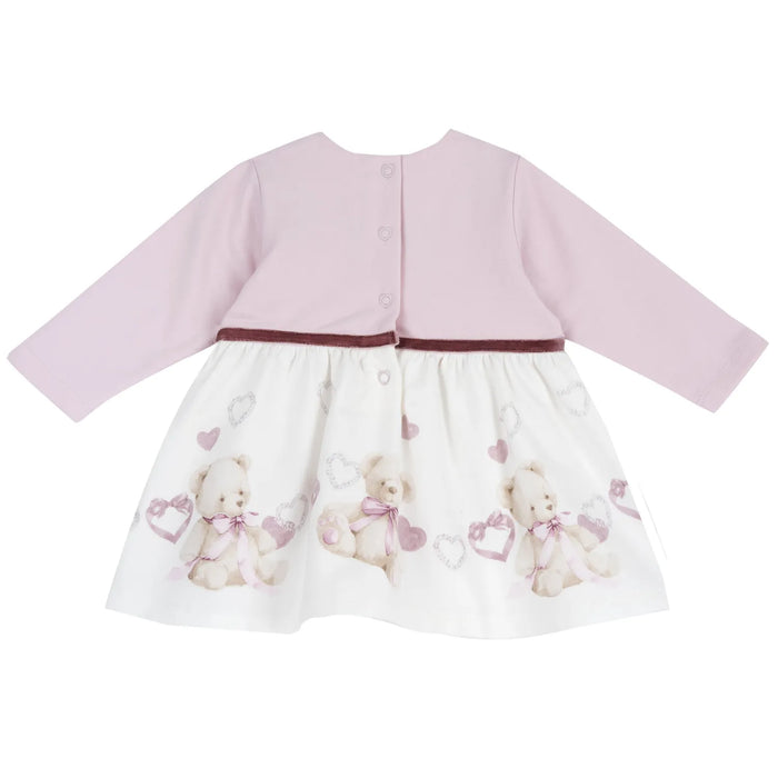 Girls White & Pink Printed Long Sleeve Dress