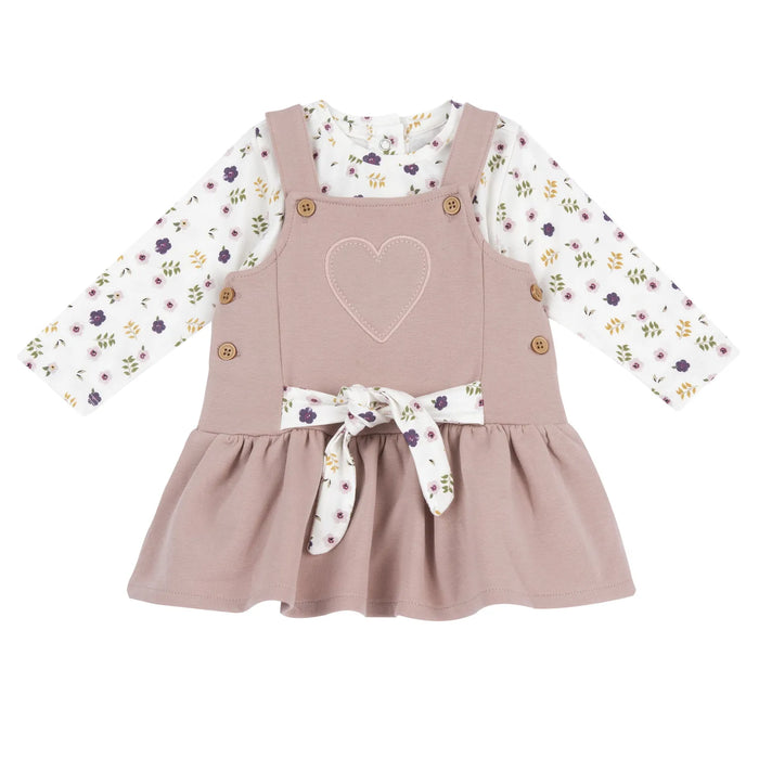 Girls White & Pink Printed T-shirt with Overall Skirt