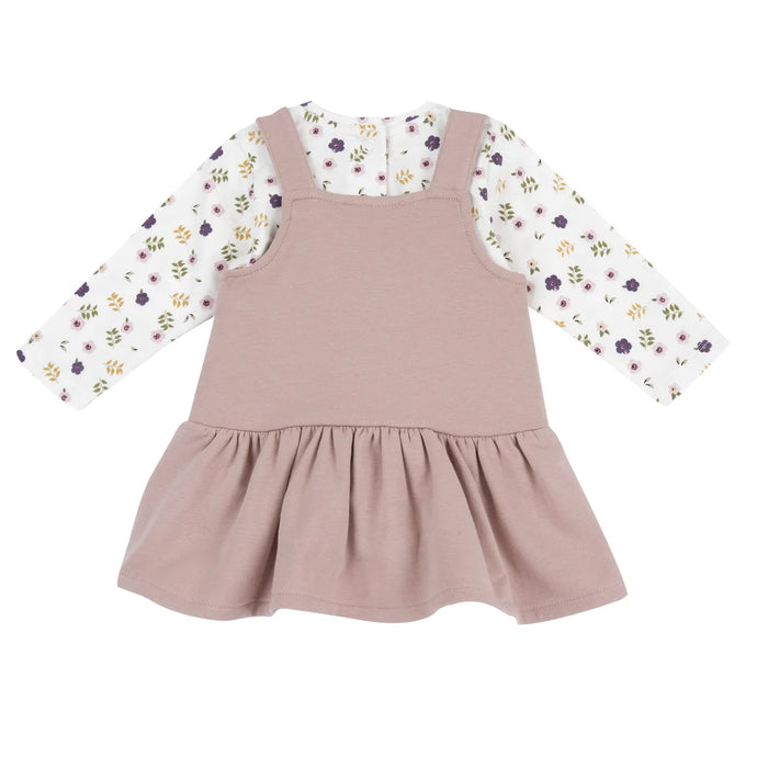 Girls White & Pink Printed T-shirt with Overall Skirt