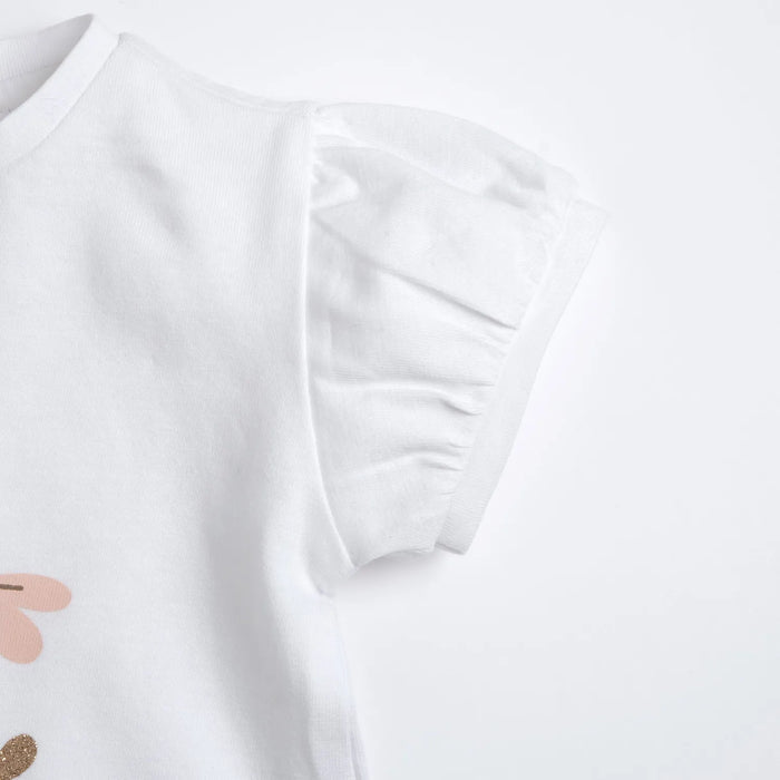 Girls White Printed Round Neck T-shirt