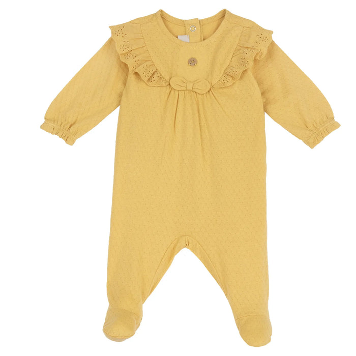 Girls Yellow Self Design Back Opening Babysuit