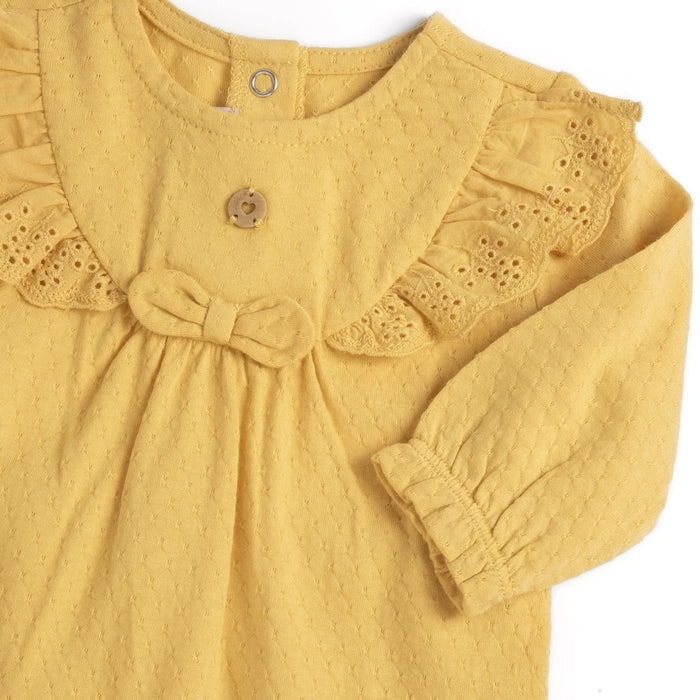 Girls Yellow Self Design Back Opening Babysuit