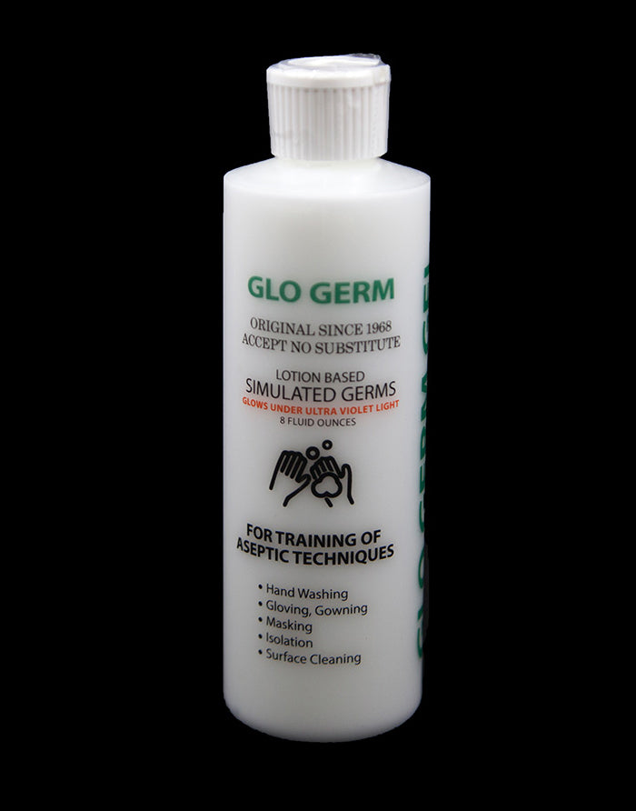 A lotion-based simulated germ solution, contained in a bottle, glows under ultraviolet light for training purposes in aseptic techniques, including handwashing and surface cleaning.