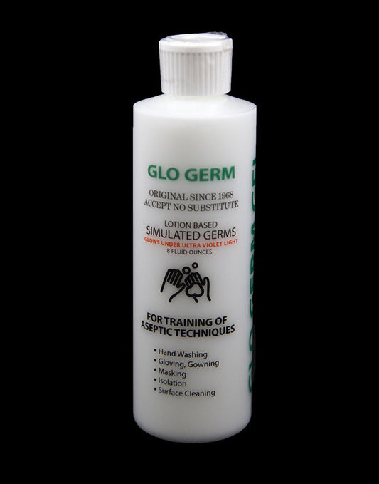 A lotion-based simulated germ solution, contained in a bottle, glows under ultraviolet light for training purposes in aseptic techniques, including handwashing and surface cleaning.