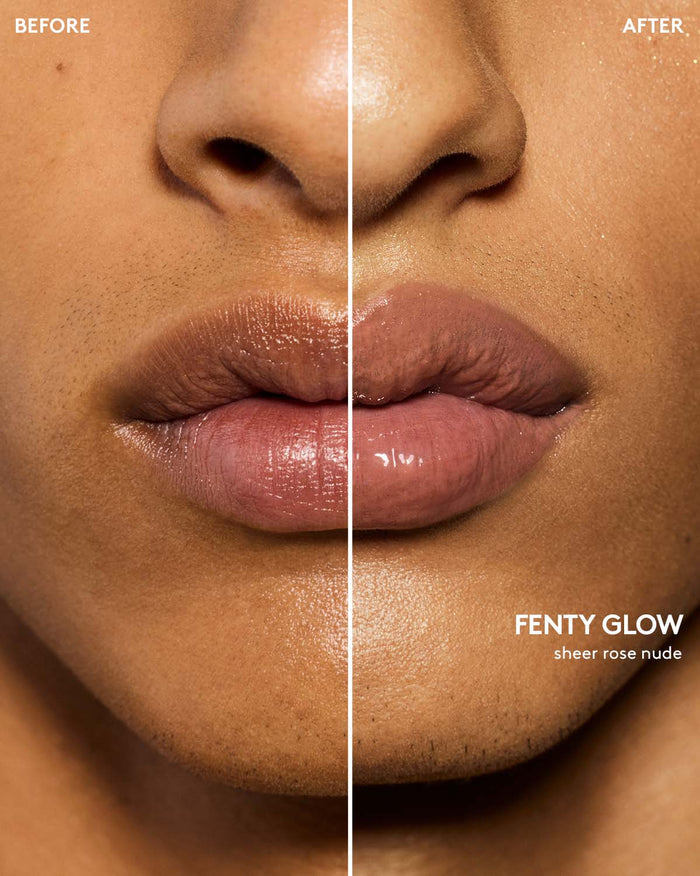 before and after of gloss bomb heat lip plumper in fenty glow heat on medium skin toned model
