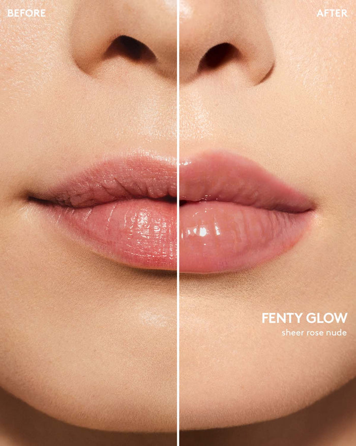 before and after of gloss bomb heat lip plumper in fenty glow heat on light skin toned model