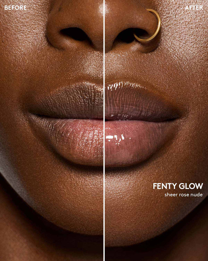 before and after of gloss bomb heat lip plumper in fenty glow heat on deep skin toned model