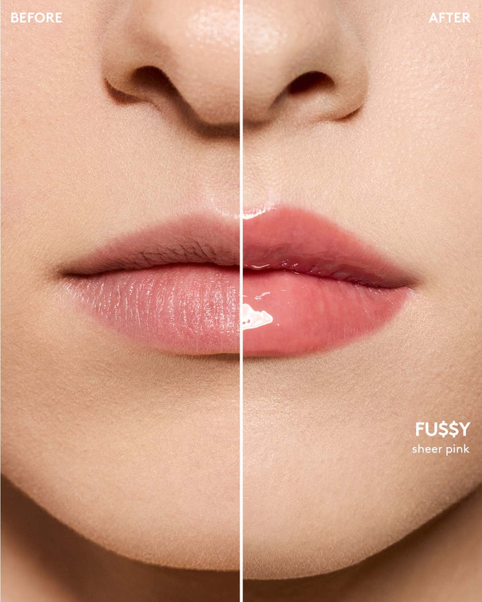 before and after of gloss bomb heat lip plumper in fu$$y heat on light skin toned model