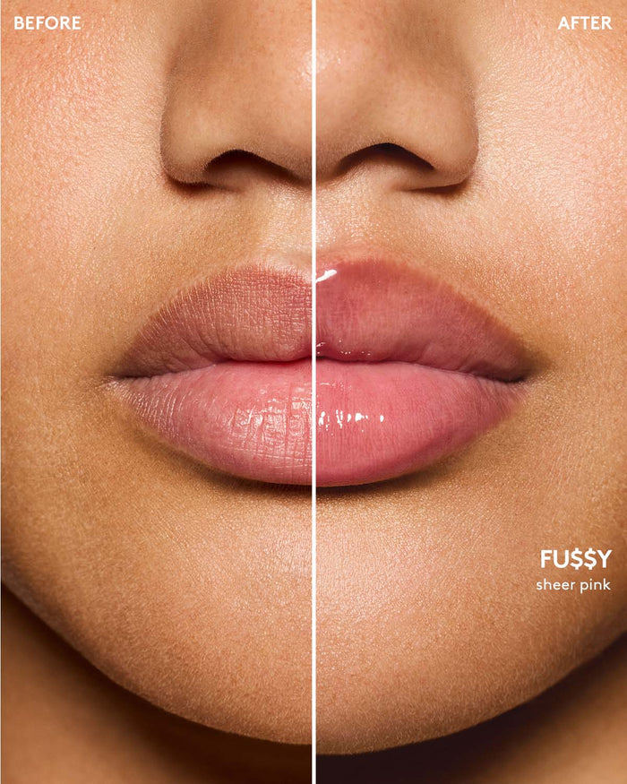 before and after of gloss bomb heat lip plumper in fu$$y heat on medium skin toned model