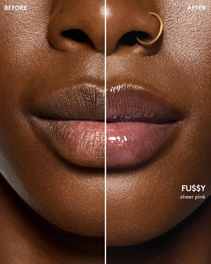 before and after of gloss bomb heat lip plumper in fu$$y heat on deep skin toned model