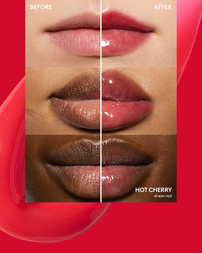 before and after of gloss bomb heat lip plumper in hot cherry on three different skin toned models