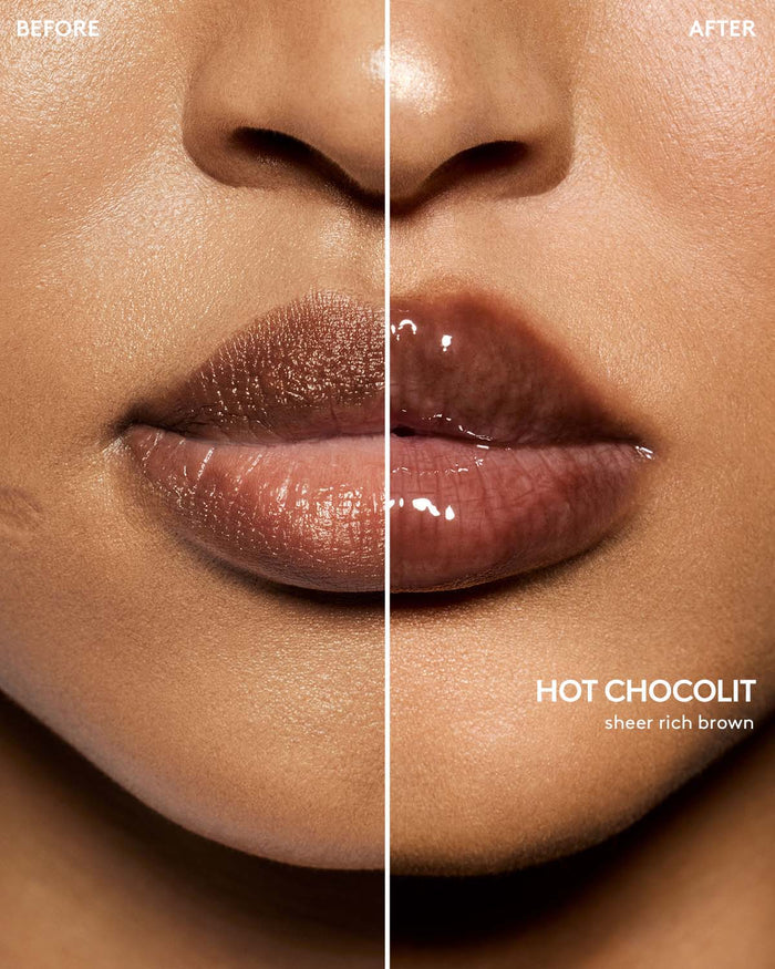 before and after of gloss bomb heat lip plumper in hot chocolit heat on medium skin toned model