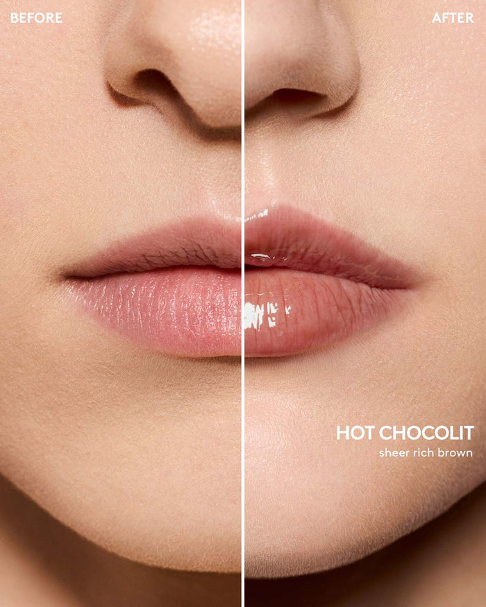 before and after of gloss bomb heat lip plumper in hot chocolit heat on light skin toned model