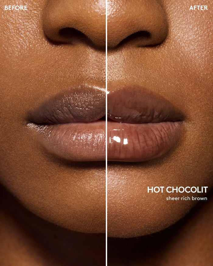 before and after of gloss bomb heat lip plumper in hot chocolit heat on deep skin toned model