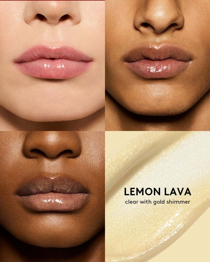 beauty shot of gloss bomb heat lip plumper in lemon lava on three different skin toned models