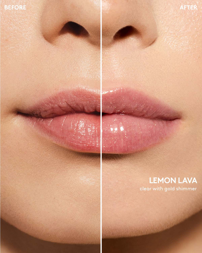 before and after of gloss bomb heat lip plumper in lemon lava on light skin toned model