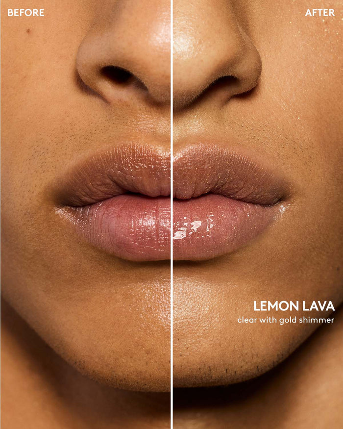 before and after of gloss bomb heat lip plumper in lemon lava on medium skin toned model