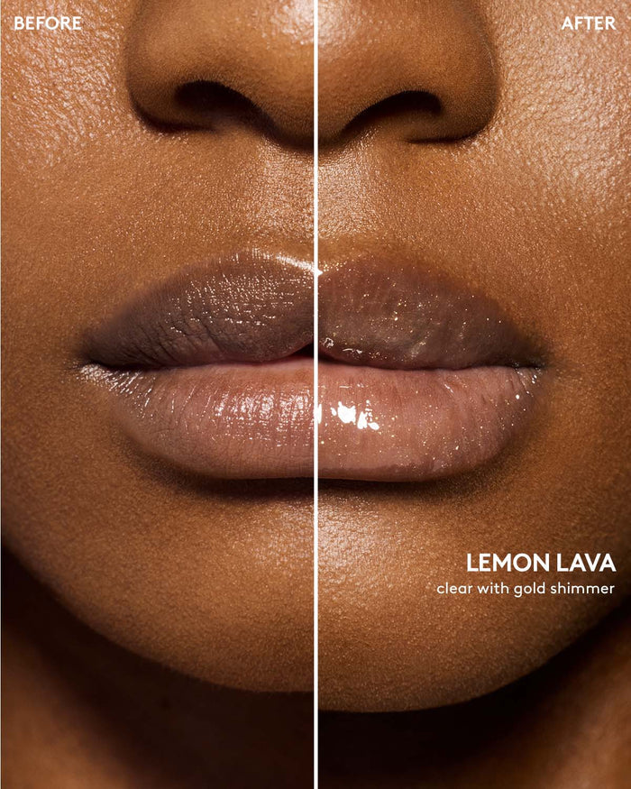 before and after of gloss bomb heat lip plumper in lemon lava on deep skin toned model