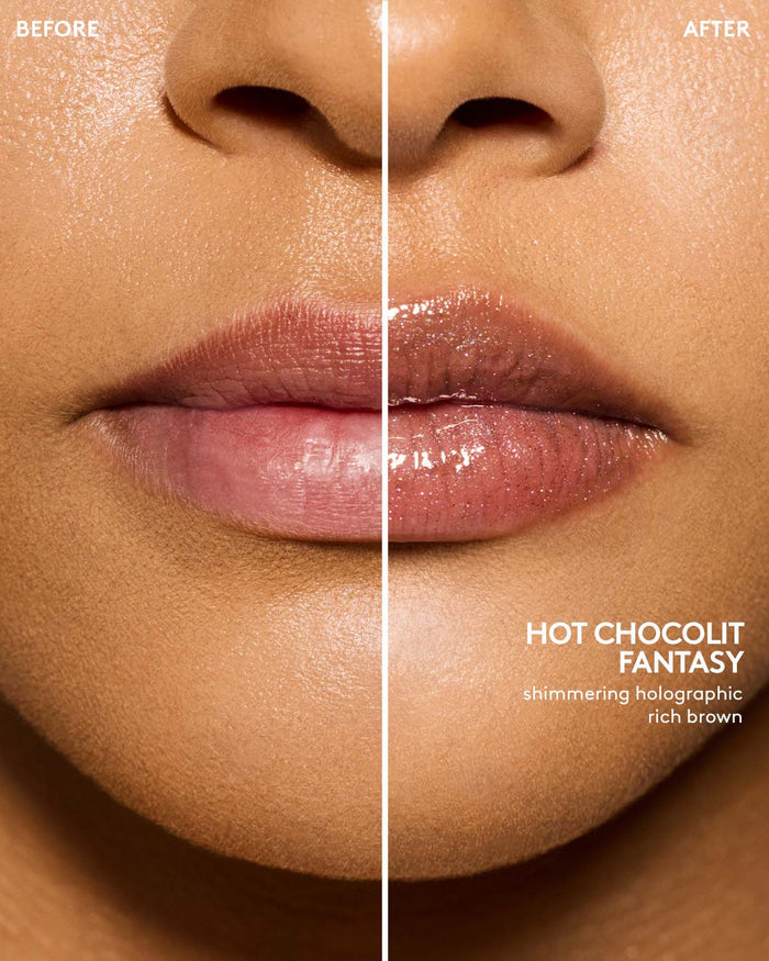 before and after of medium skin toned model wearing gloss bomb universal lip luminizer in shade hot chocolit fantasy