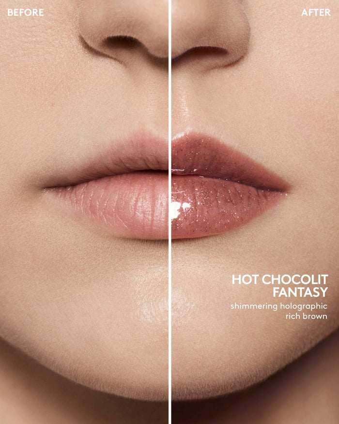before and after of light skin toned model wearing gloss bomb universal lip luminizer in shade hot chocolit fantasy