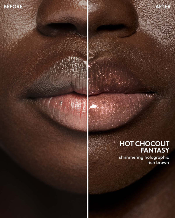 before and after of deep skin toned model wearing gloss bomb universal lip luminizer in shade hot chocolit fantasy