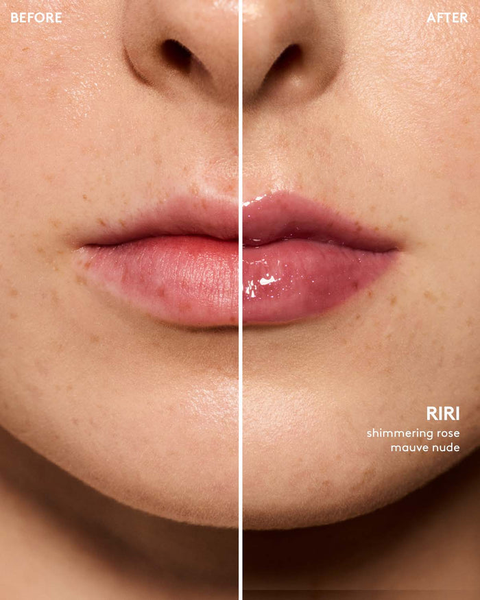 before and after of light skin toned model wearing gloss bomb universal lip luminizer in shade riri