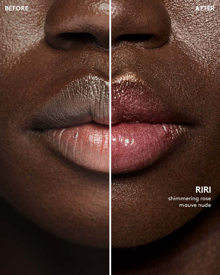 before and after of deep skin toned model wearing gloss bomb universal lip luminizer in shade riri