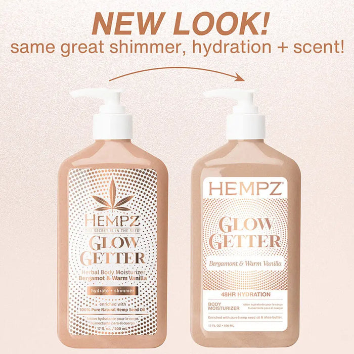 Two bottles of Hempz Glow Getter moisturizer on a beige background with text about new look and product features
