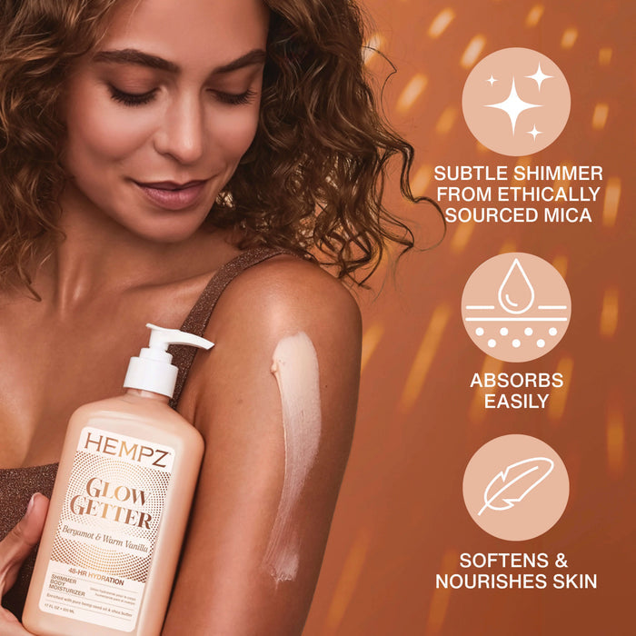 Woman applying Hempz Glow Getter lotion with product details on a brown background