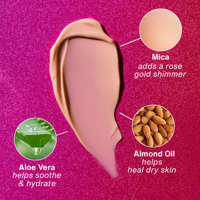 Rose gold lotion swatch with ingredients labeled on a pink background
