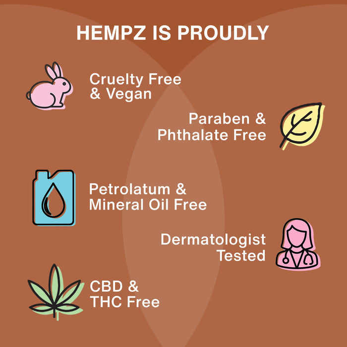 Hempz product label with icons and text on a brown background