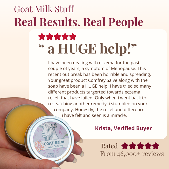 Goat milk product with a customer review and rating on a beige background