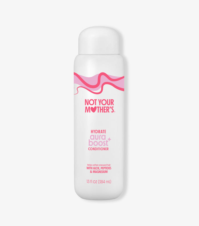 White bottle of aura boost hydrate conditioner bottle on a white background
