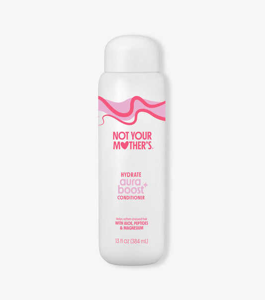 White bottle of aura boost hydrate conditioner bottle on a white background