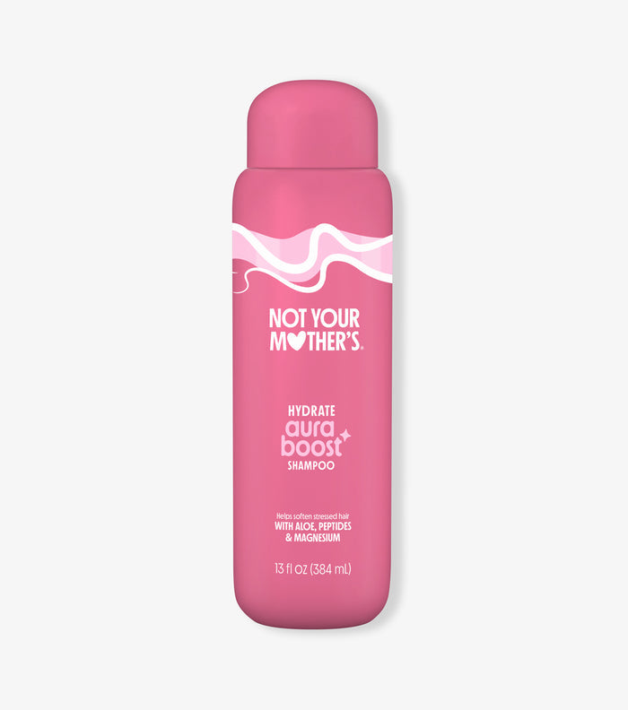 Pink bottle of aura boost hydrate shampoo on a white background