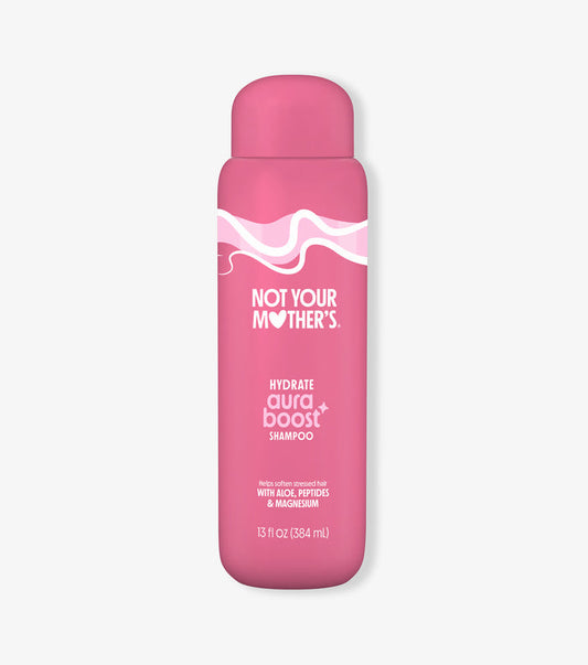 Pink bottle of aura boost hydrate shampoo on a white background