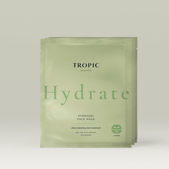 Three Tropic hydrogel face mask sachets for intense hydration.