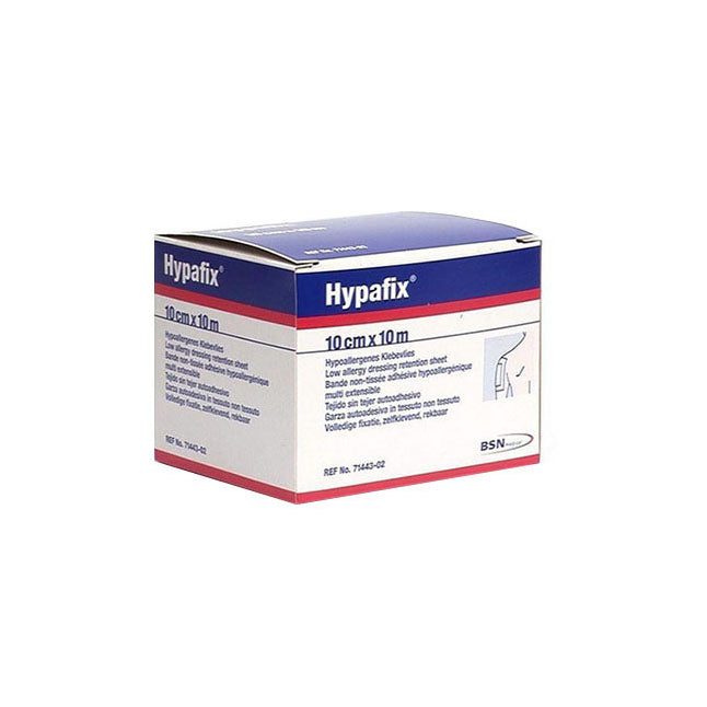 A box of Hypafix, a hypoallergenic dressing retention sheet, sits on a white background. The box displays product dimensions (10 cm x 10 m) and multilingual descriptions. REF No. 71443-02 is printed on the box, as is the BSN medical logo.