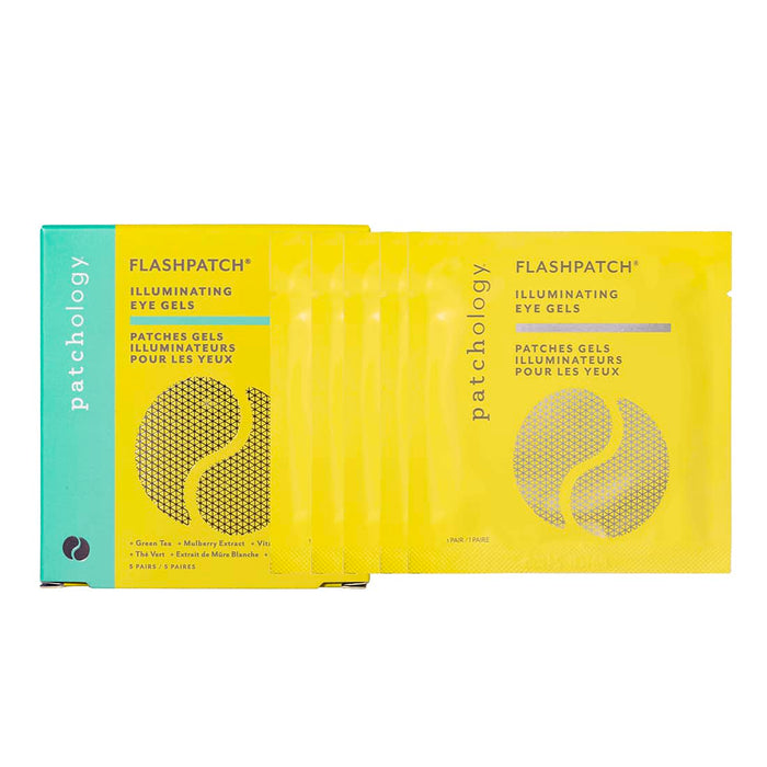 Patchology Flashpatch Illuminating Eye Gels box with yellow sachets fanned out, featuring brightening eye patch design