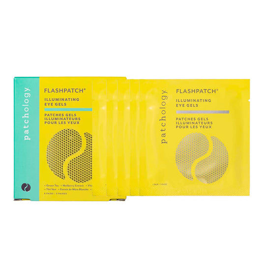 Patchology Flashpatch Illuminating Eye Gels box with yellow sachets fanned out, featuring brightening eye patch design