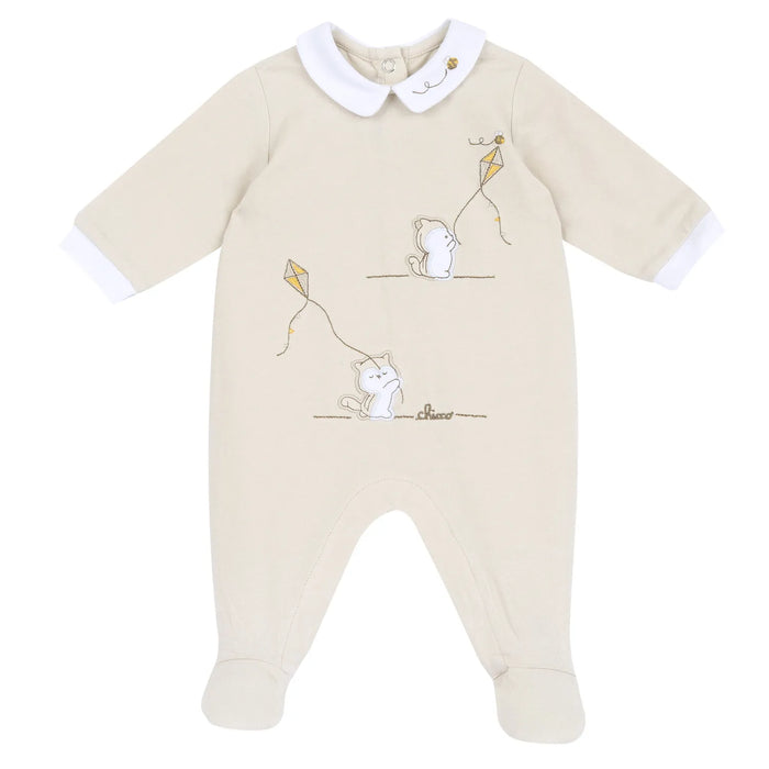 Infants Beige Printed Back Opening Babysuit