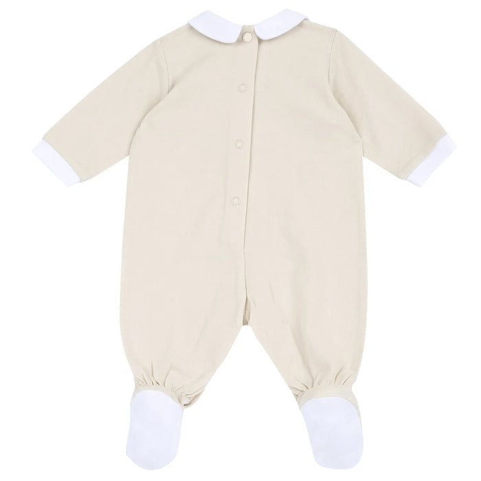 Infants Beige Printed Back Opening Babysuit