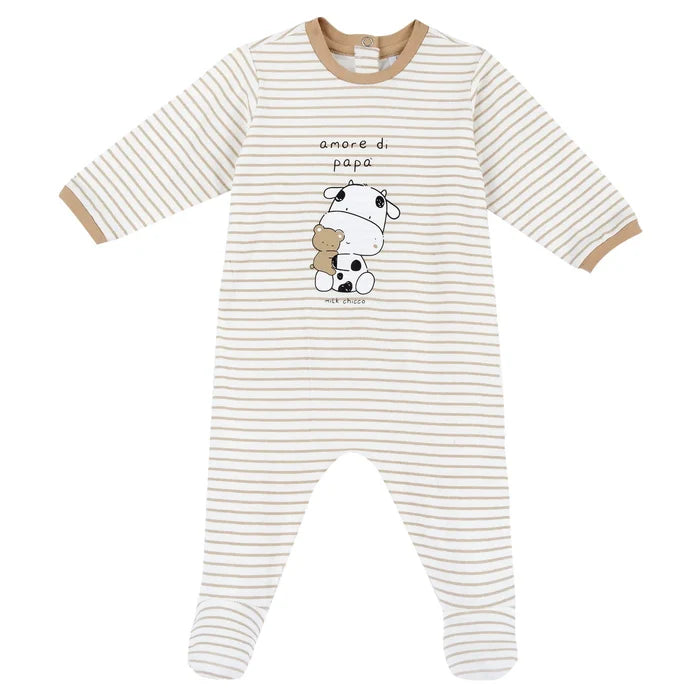 Infants Beige Striped Back Opening Babysuit
